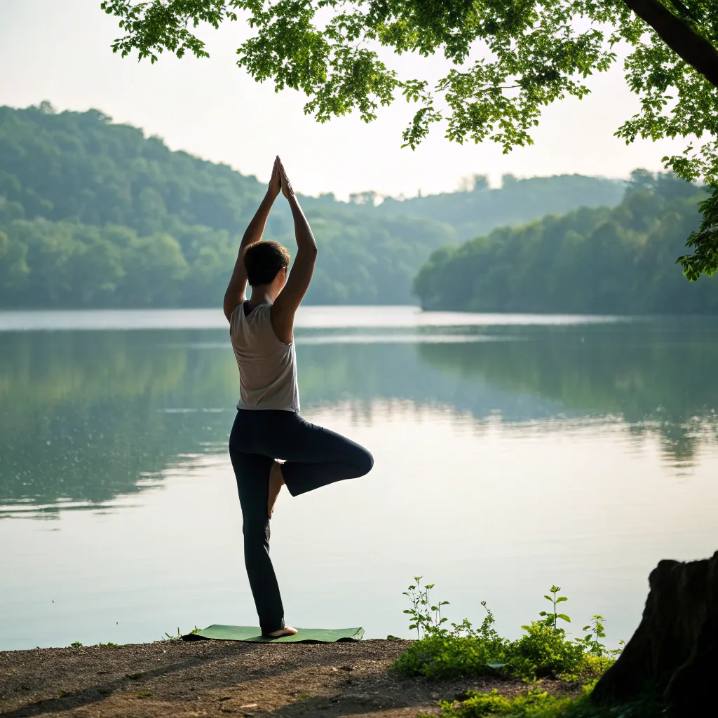 A serene yoga pose by the lake